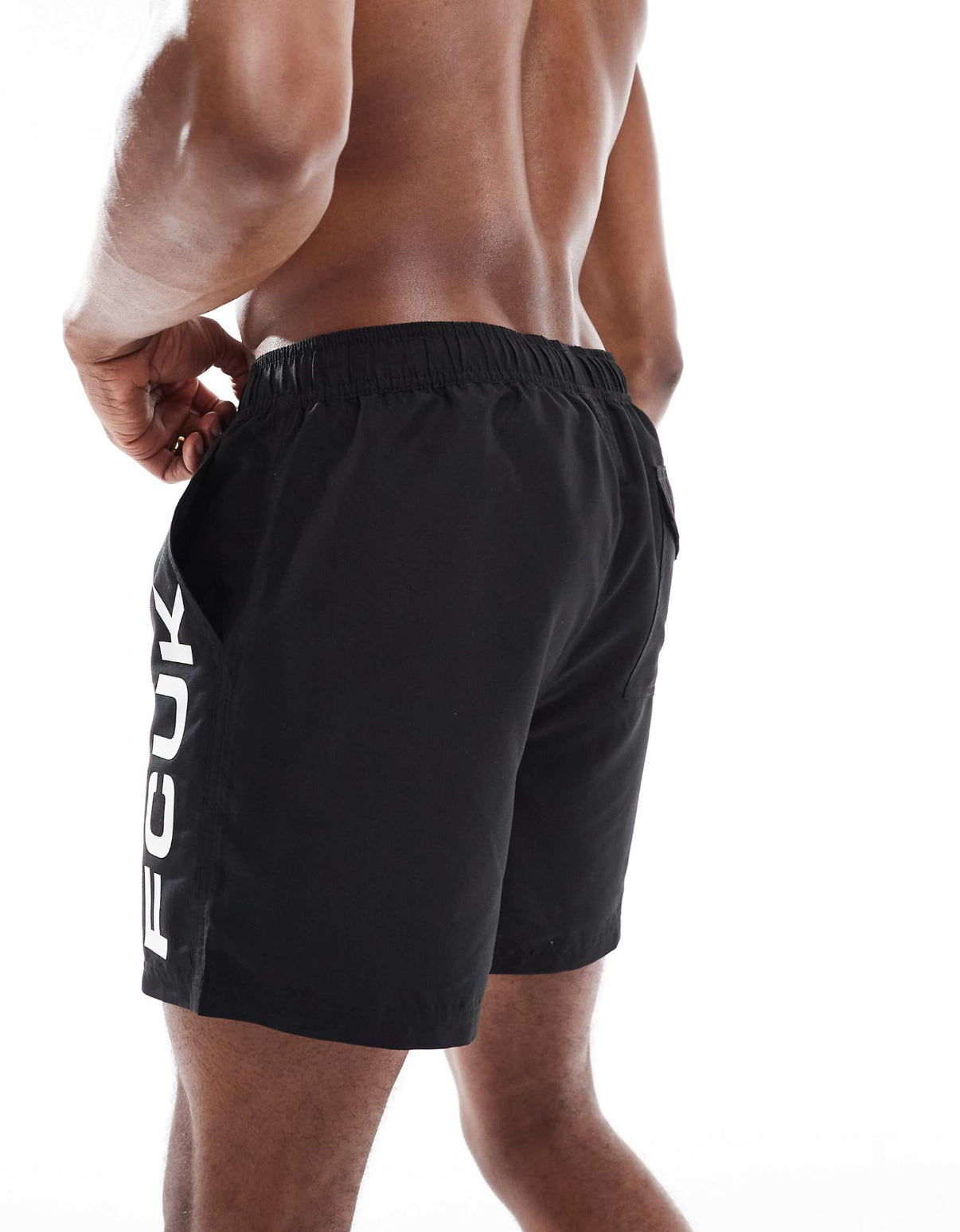 French Connection FCUK logo swim trunks in black and white