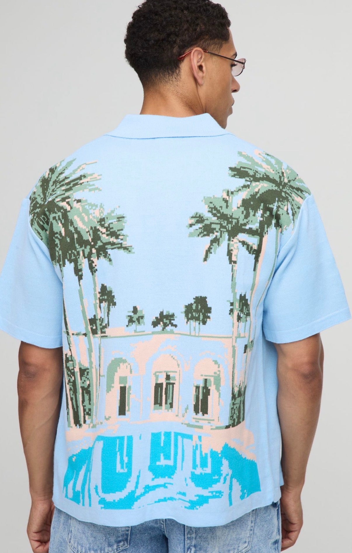 BoohooMAN Boxy Fit Resort Scenic Jacquard Knitted Shirt