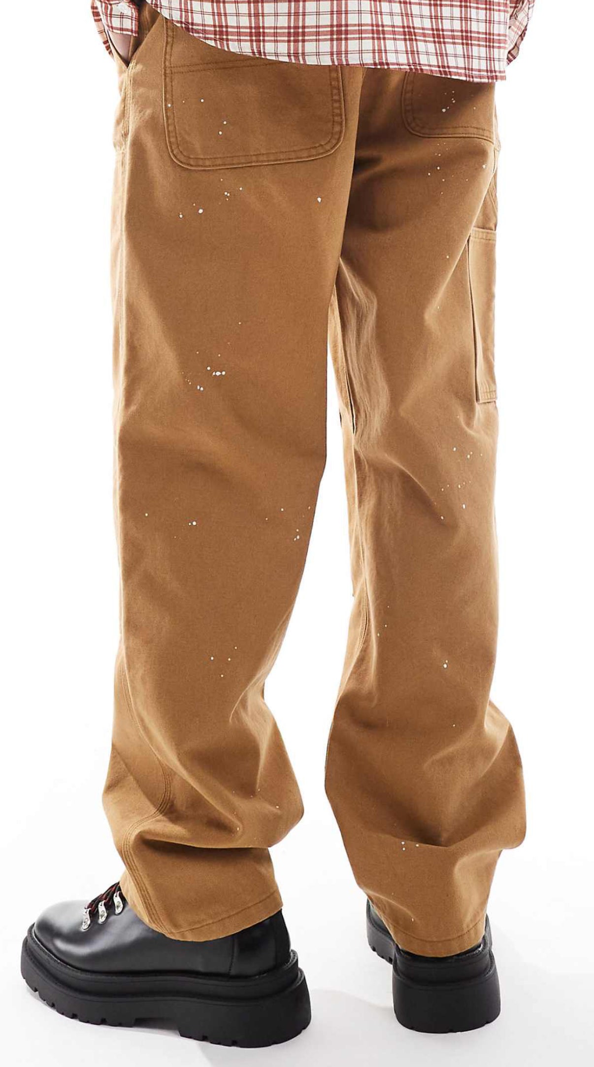 ASOS DESIGN carpenter trousers with paint splats in tan