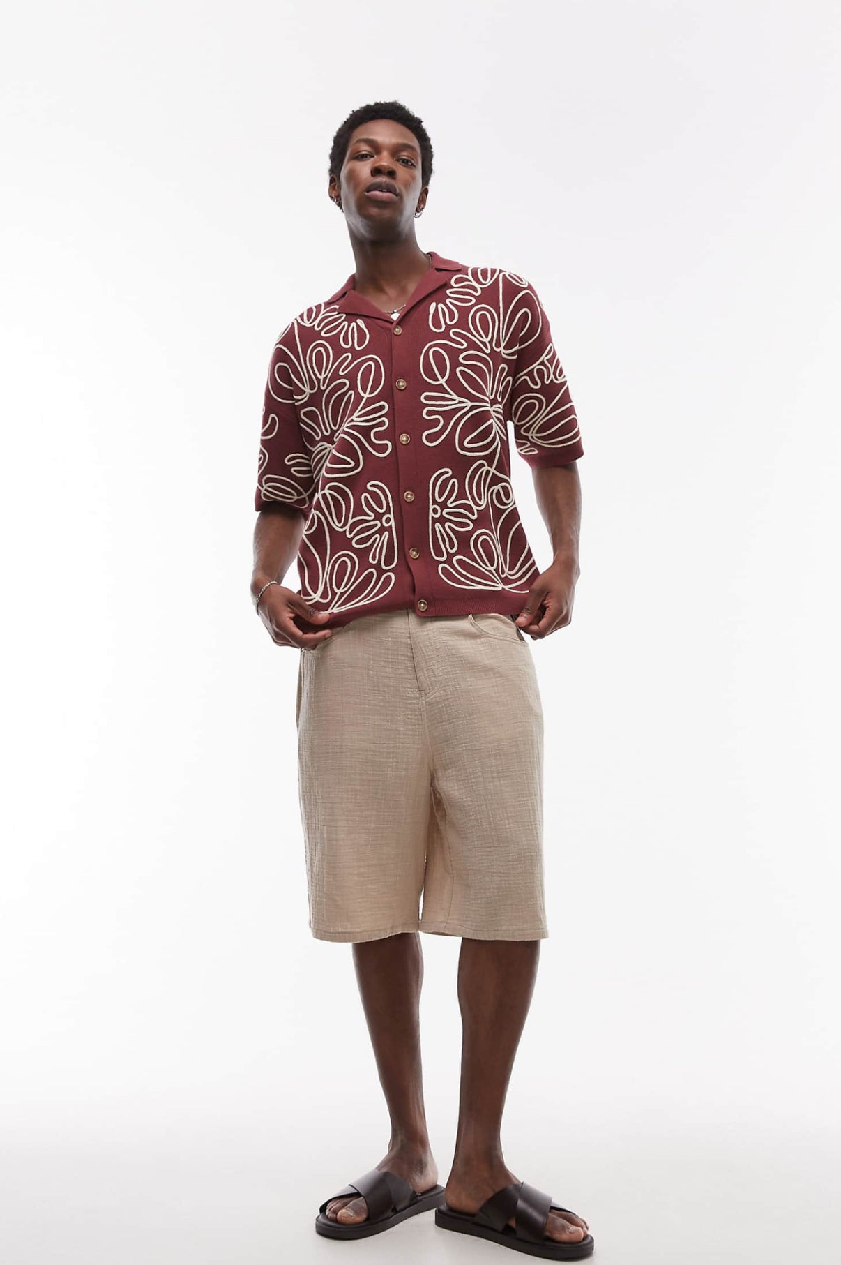 Topman relaxed heavy embroidered floral shirt in burgundy and ecru