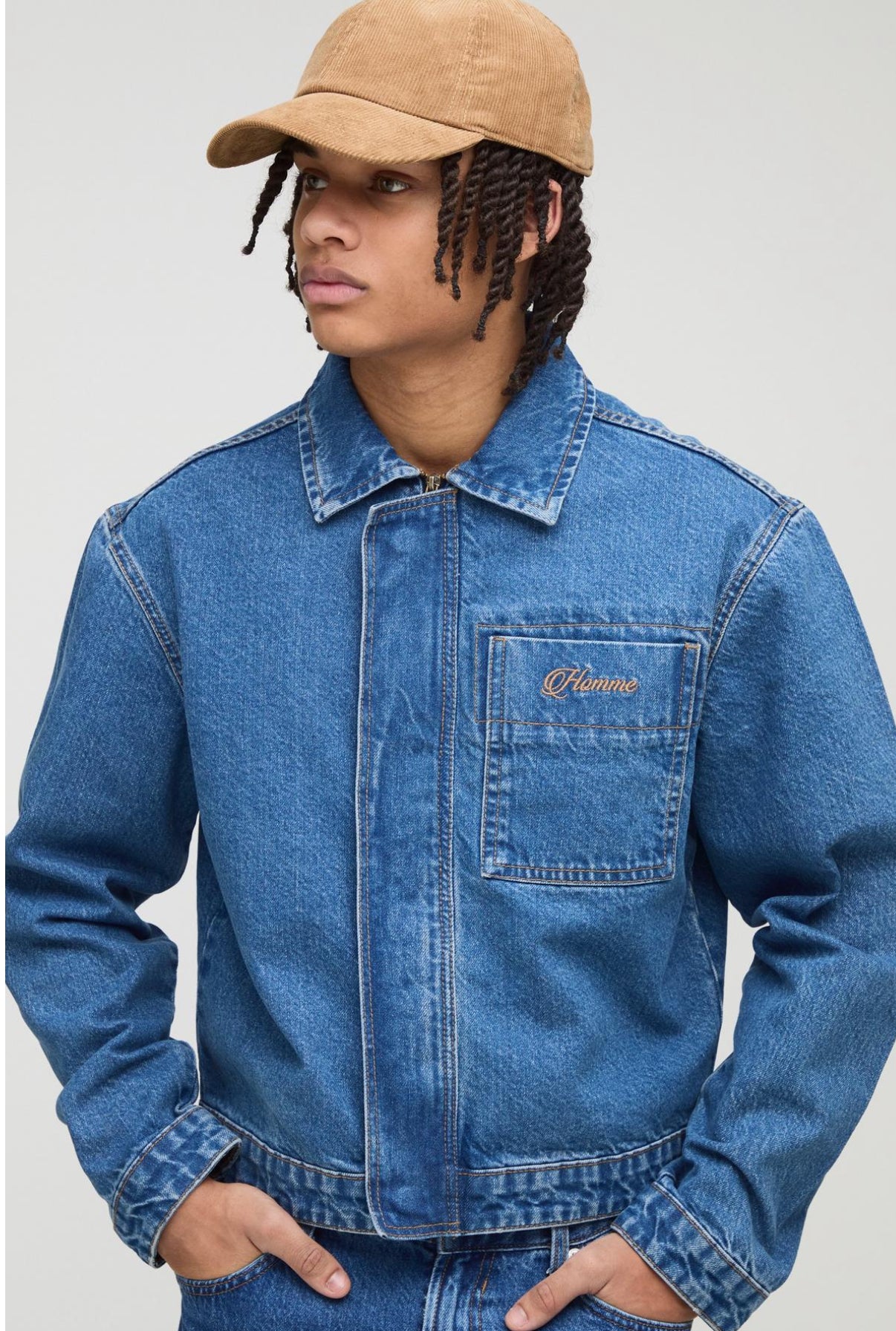 BoohooMAN Relaxed Fit Concealed Placket Embroidered Denim Jacket
