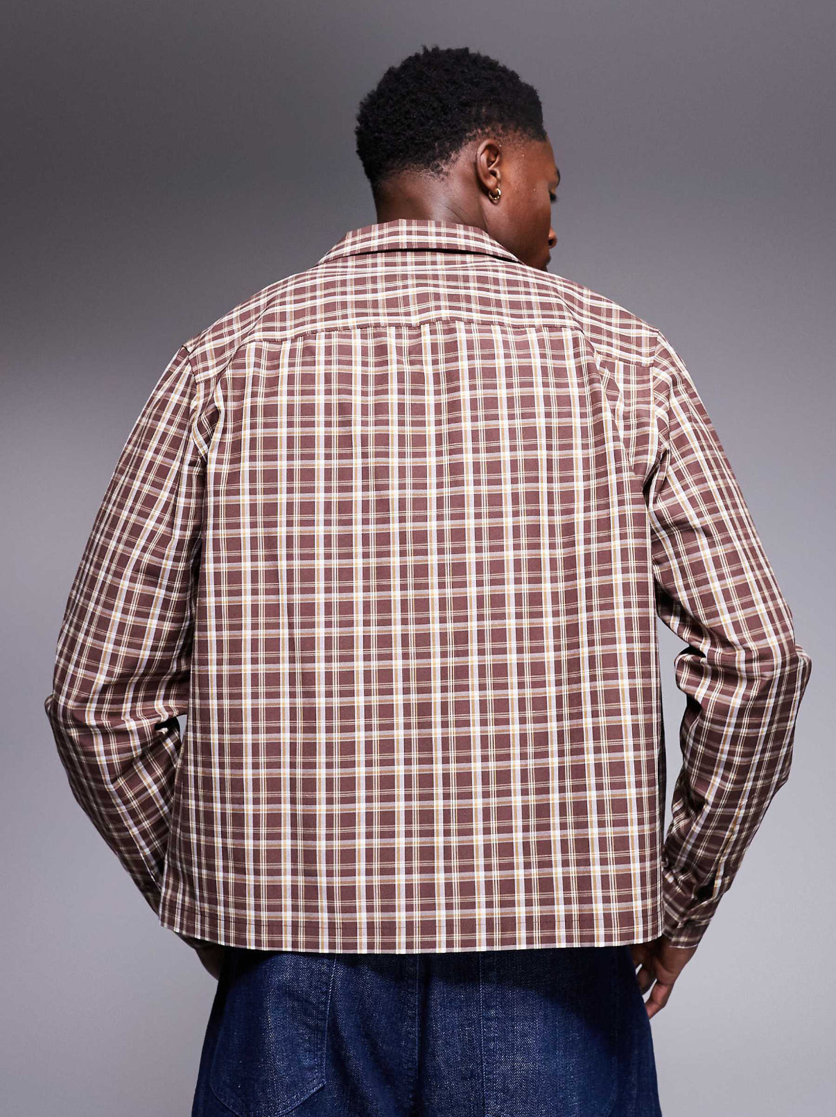 ASOS DESIGN boxy relaxed revere shirt in brown check with chest embroidery