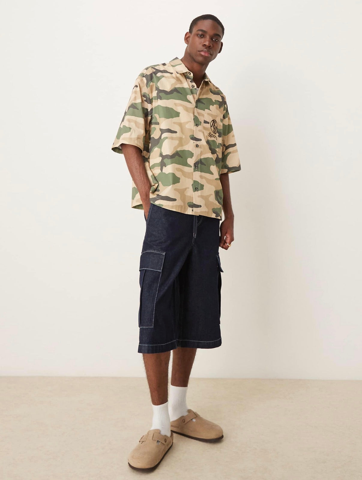ASOS DESIGN boxy oversized shirt with chest embroidery in camo print