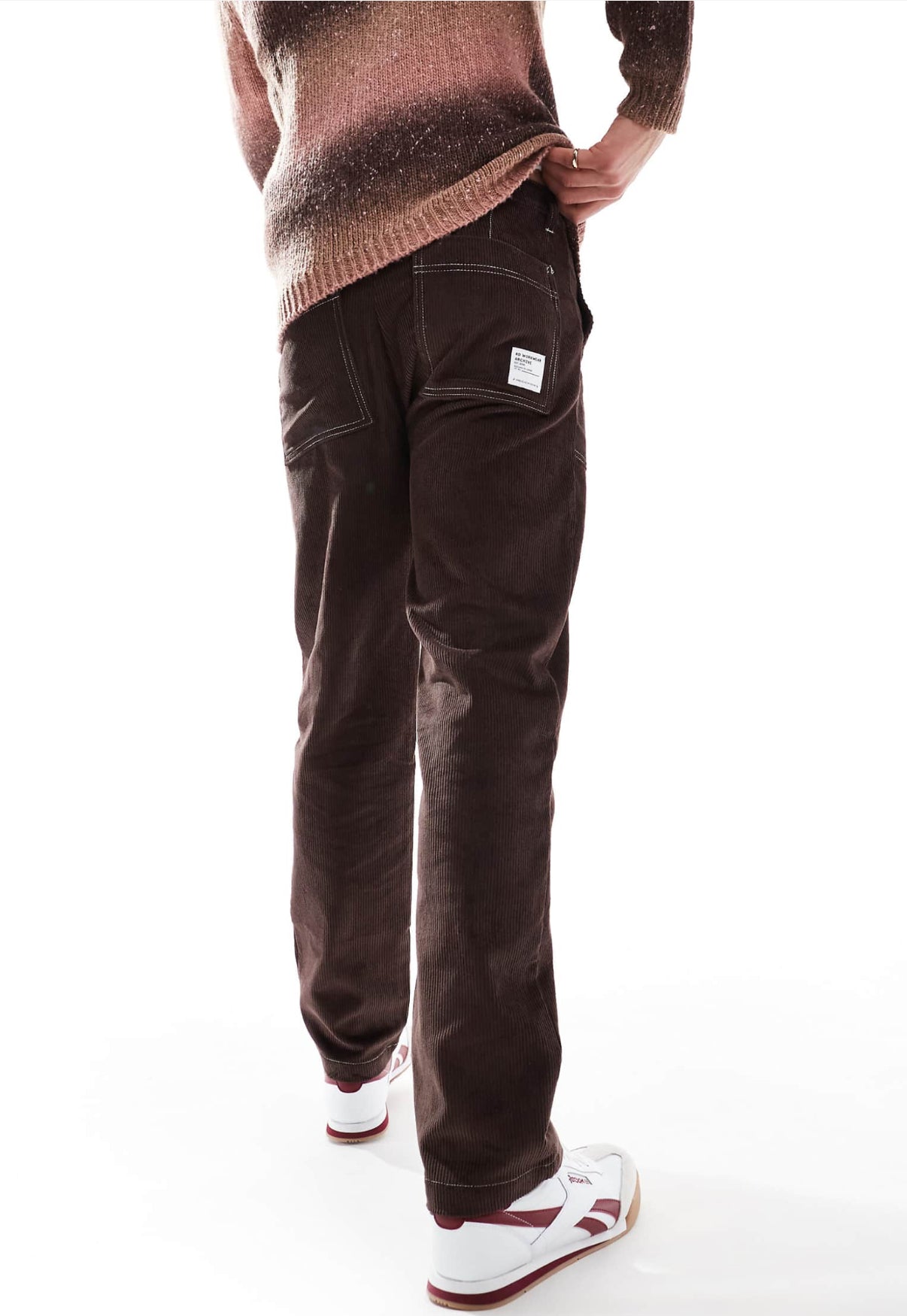 ASOS DESIGN straight leg cord trousers with contrast stitch in brown