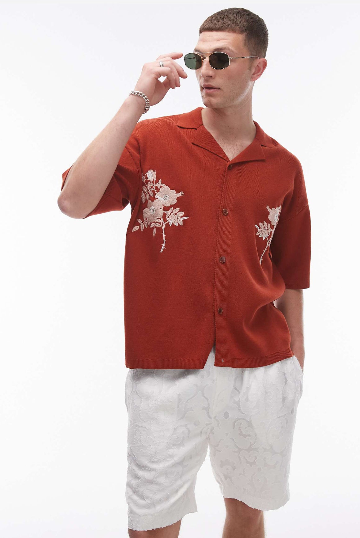 Topman floral Embroidered polo in rust