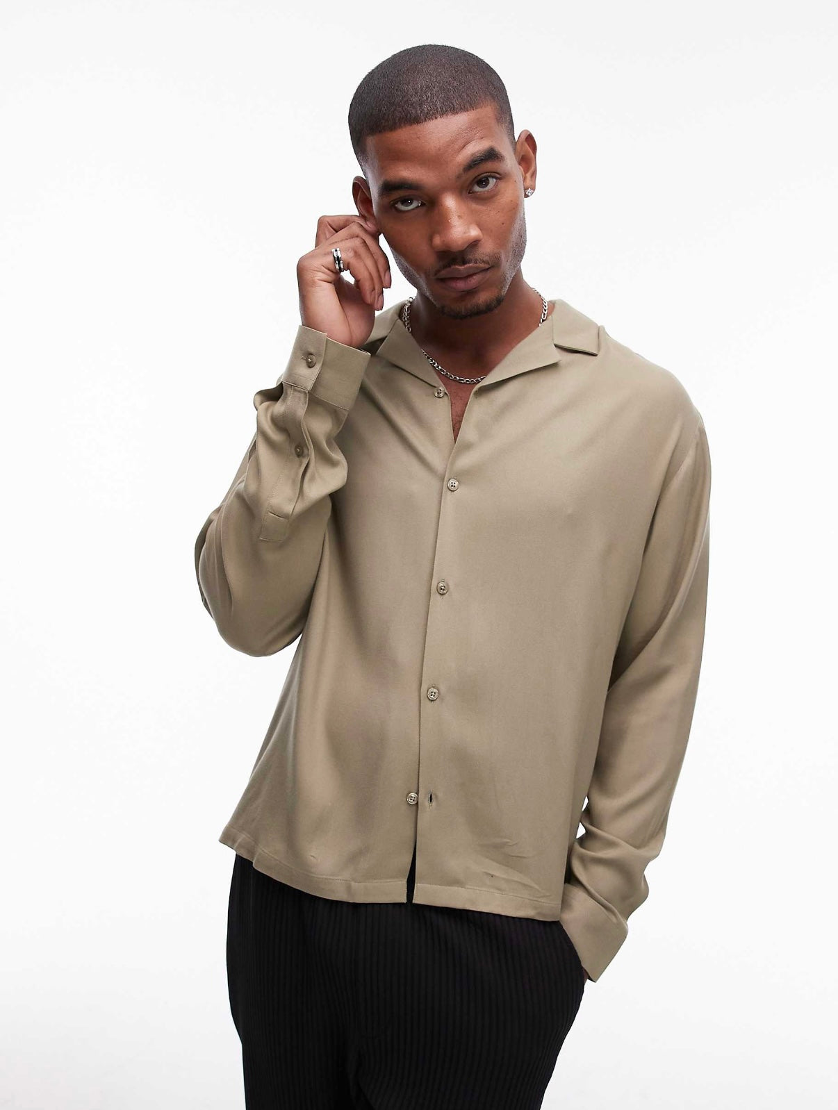 Topman long sleeve viscose shirt in khaki
