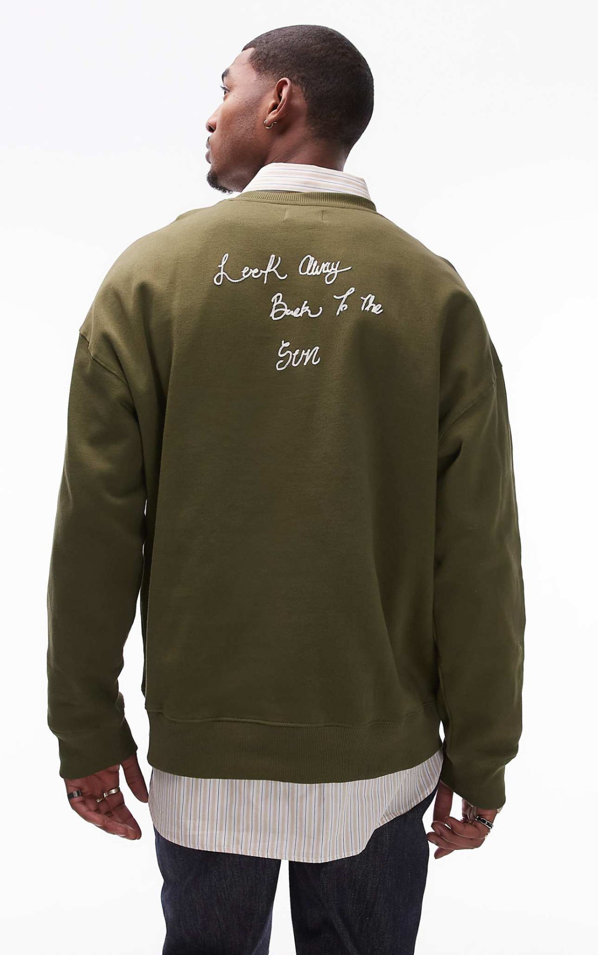 Topman oversized fit sweatshirt with front and back sun and words chenille embroidery in khaki