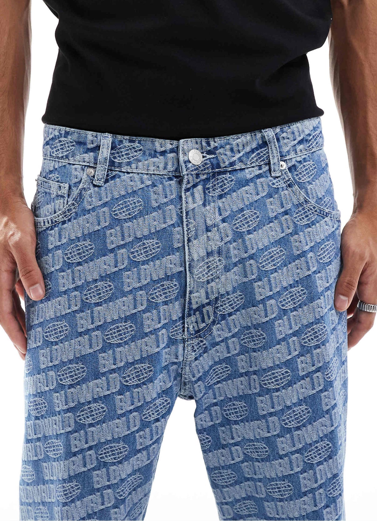 Bershka printed baggy jean in blue