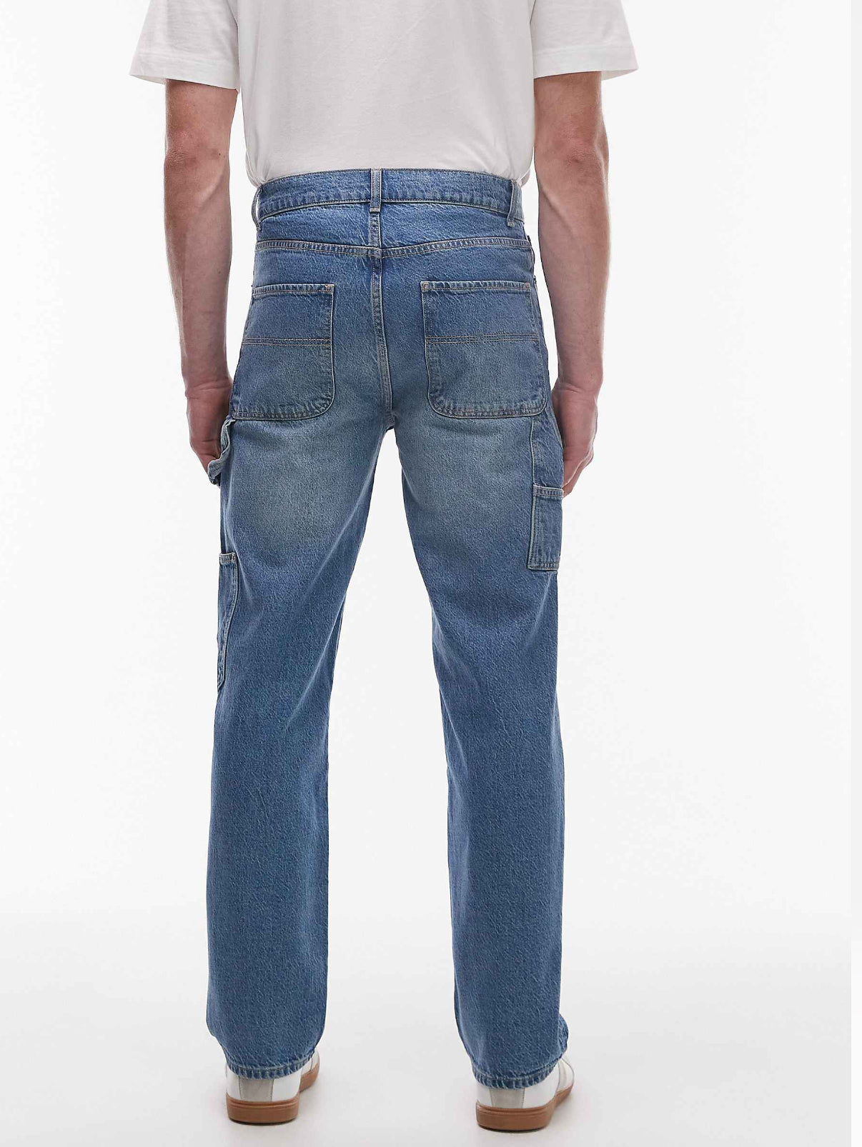 Topman rigid straight leg carpenter jean in mid wash blue