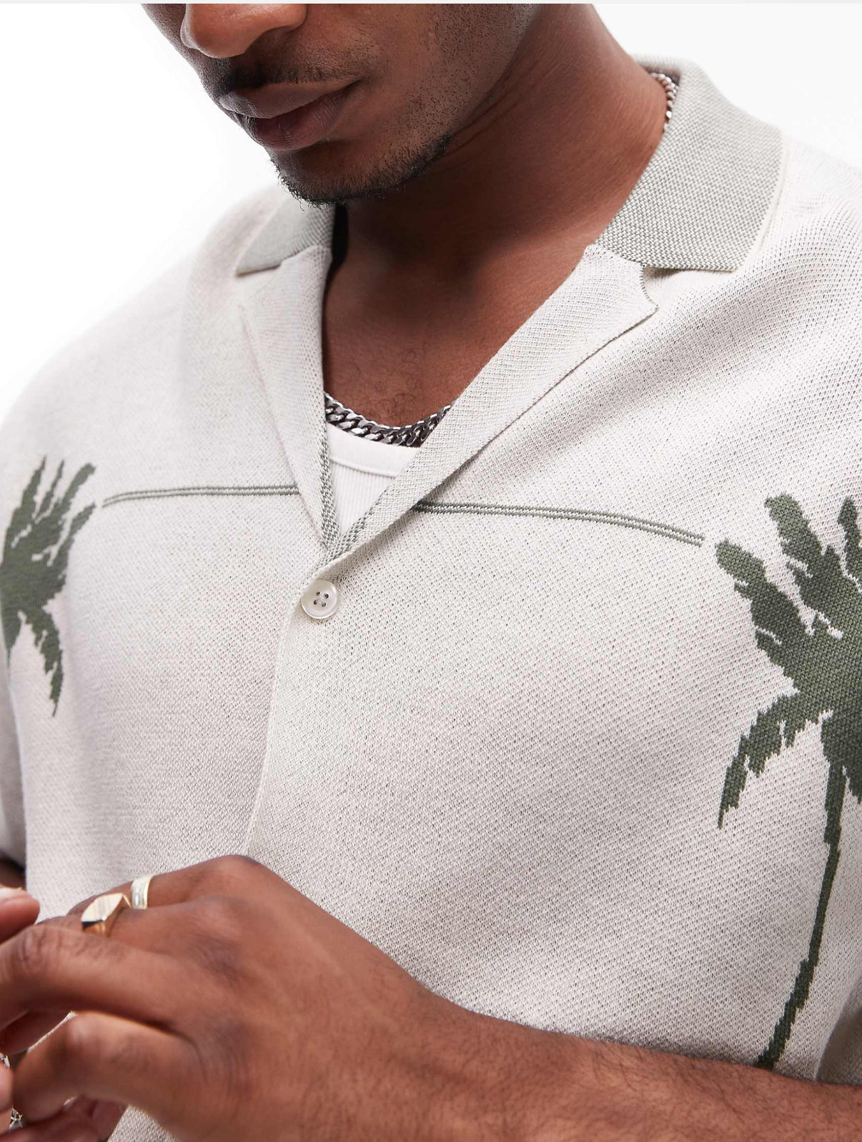 Topman knitted revere polo with palm embroidery in white