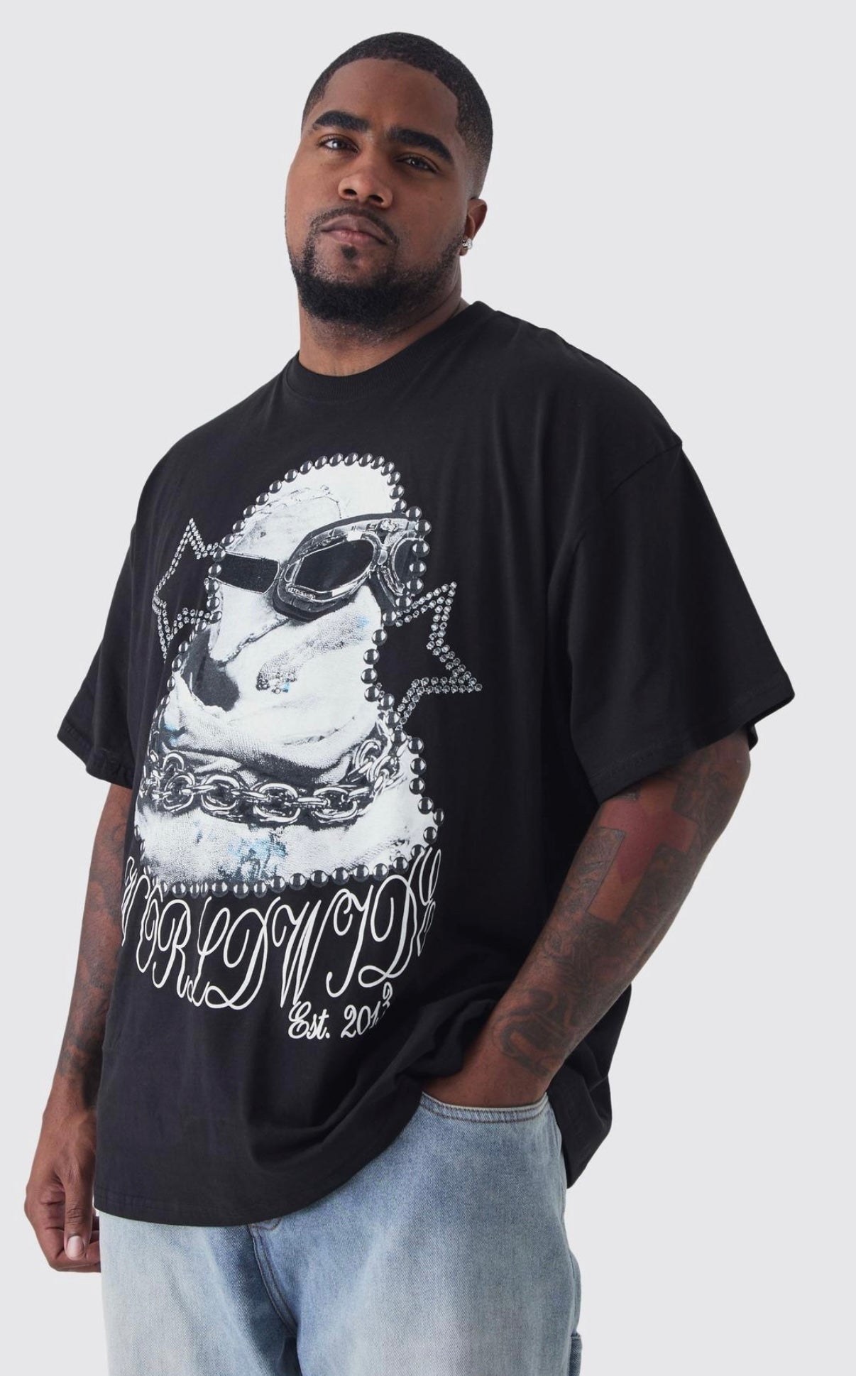 BoohooMAN Plus Worldwide Balaclava Print Oversized T-Shirt In Black