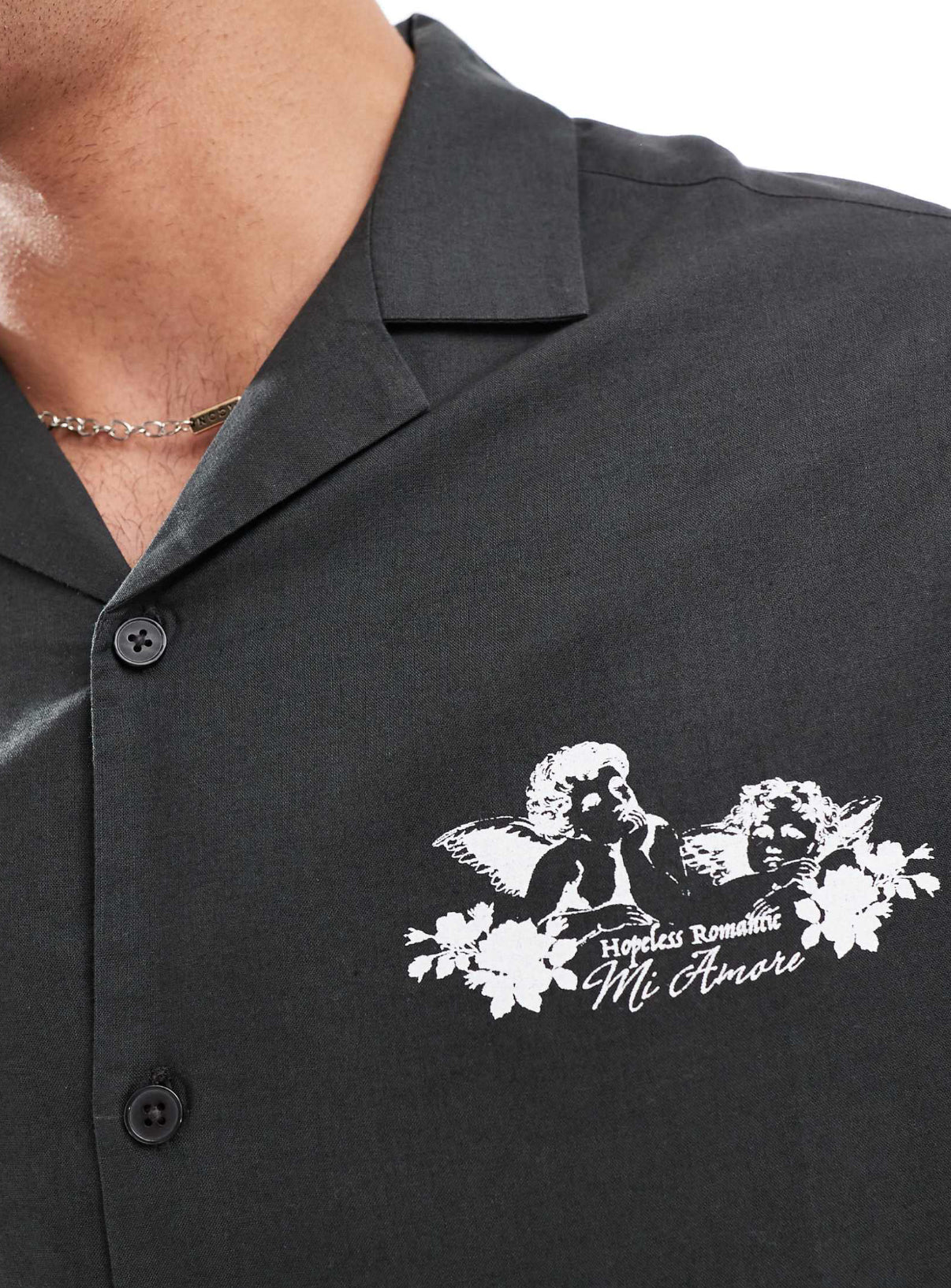 ASOS DESIGN relaxed revere shirt with cherub placement print in charcoal