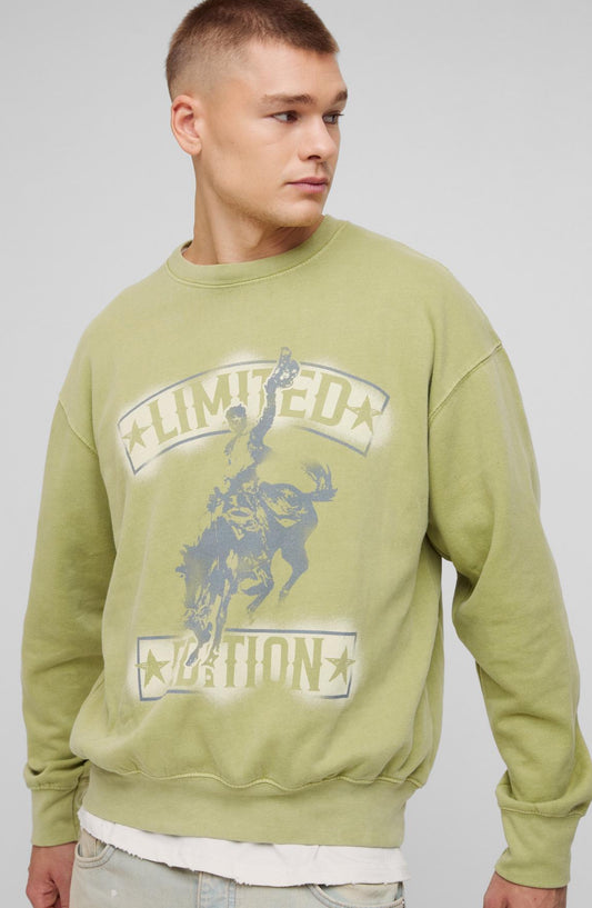 BoohooMAN OVERSIZED LIMITED WESTERN GRAPHIC WASHED SWEATSHIRT