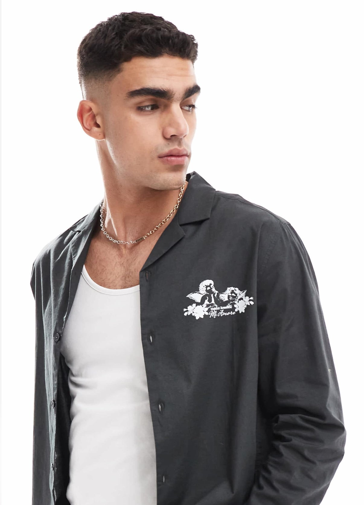 ASOS DESIGN relaxed revere shirt with cherub placement print in charcoal
