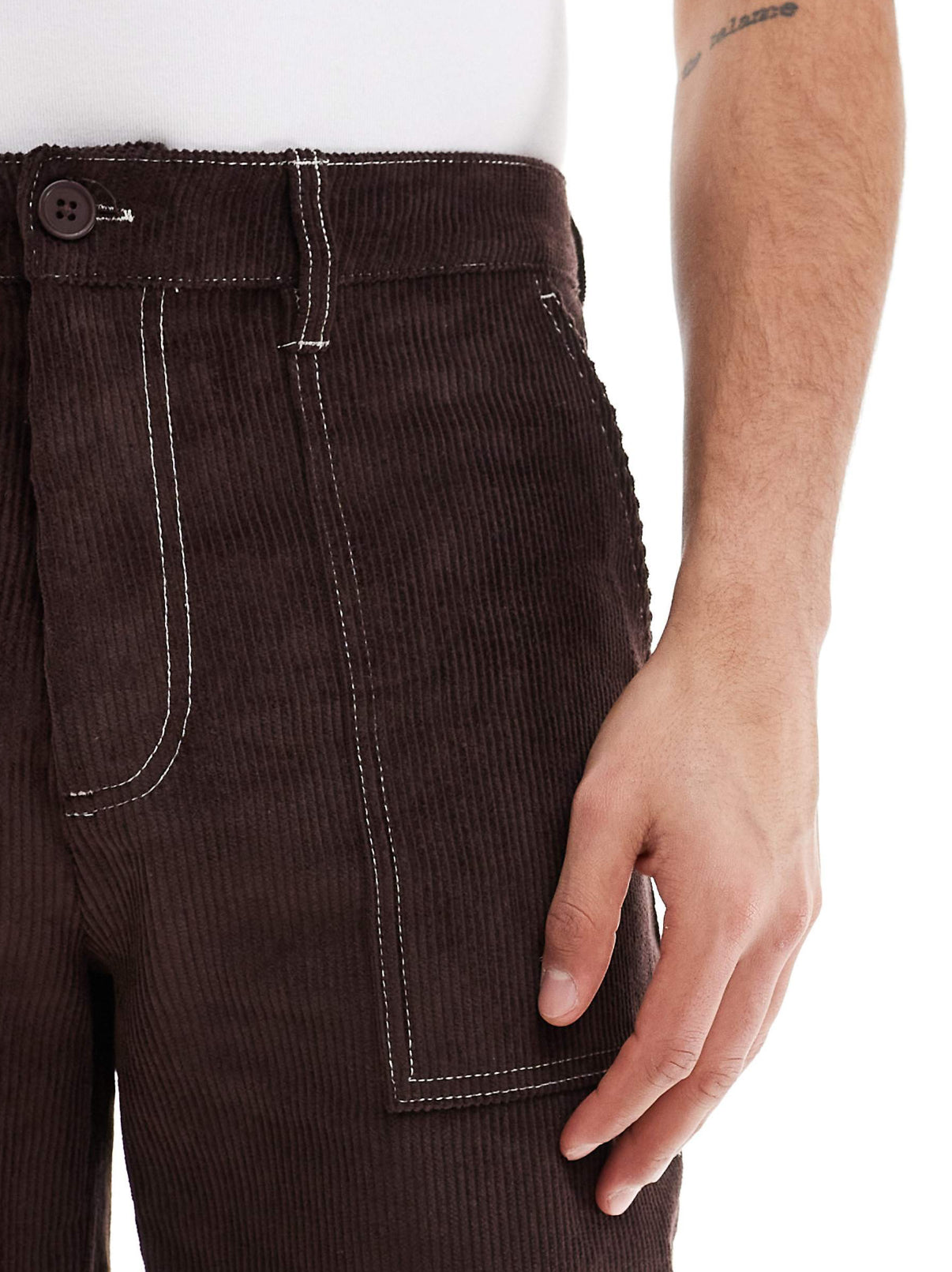 ASOS DESIGN straight leg cord trousers with contrast stitch in brown