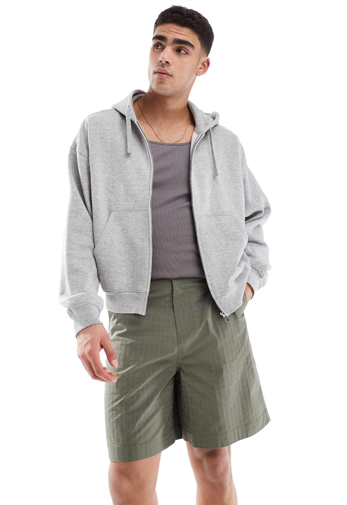 ASOS DESIGN long length textured shorts with workwear patch in green