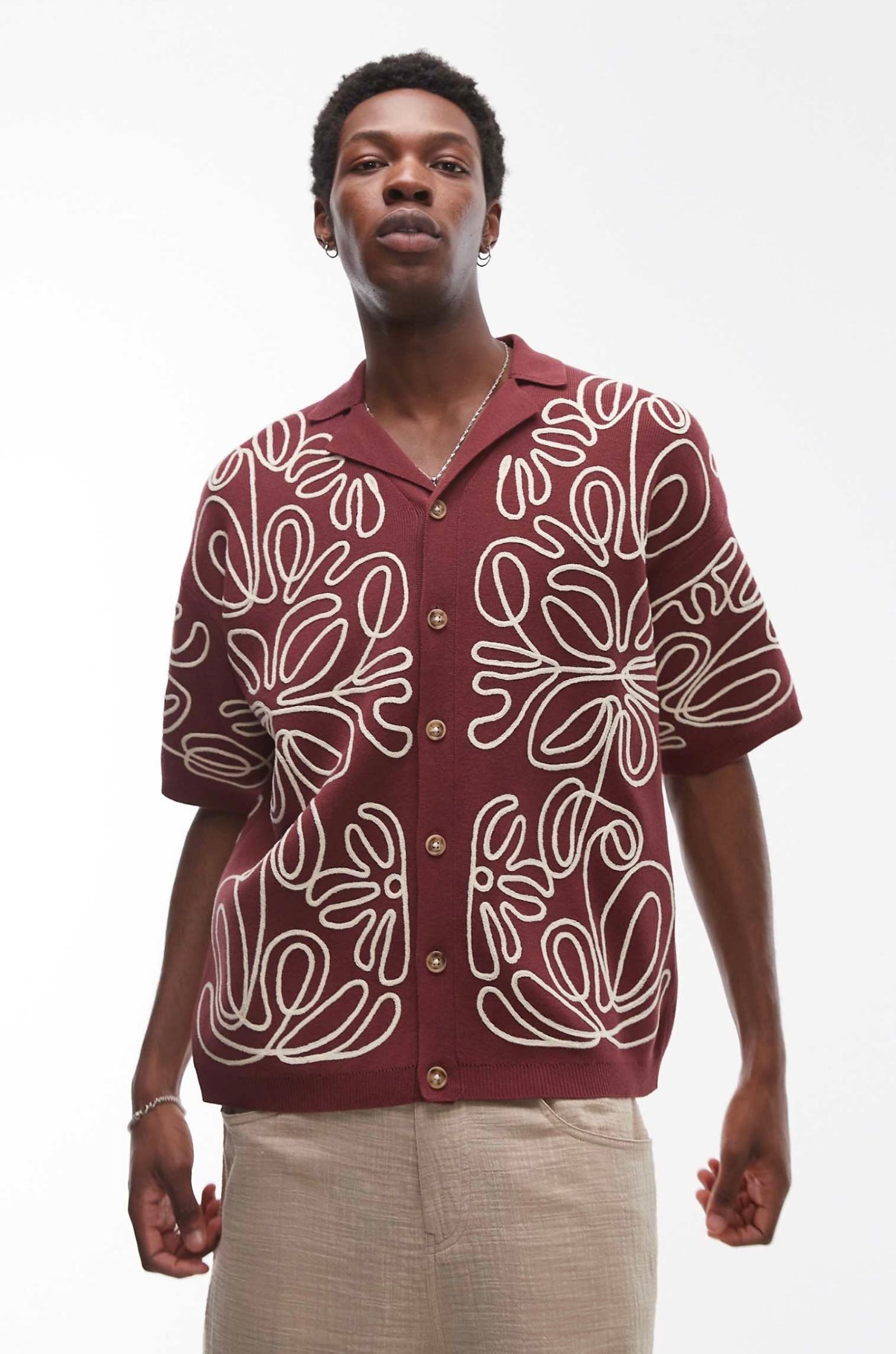 Topman relaxed heavy embroidered floral shirt in burgundy and ecru