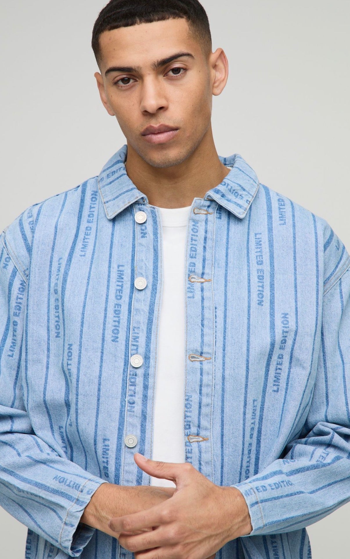BoohooMAN Long Sleeve Boxy Laser Print Striped Denim Overshirt