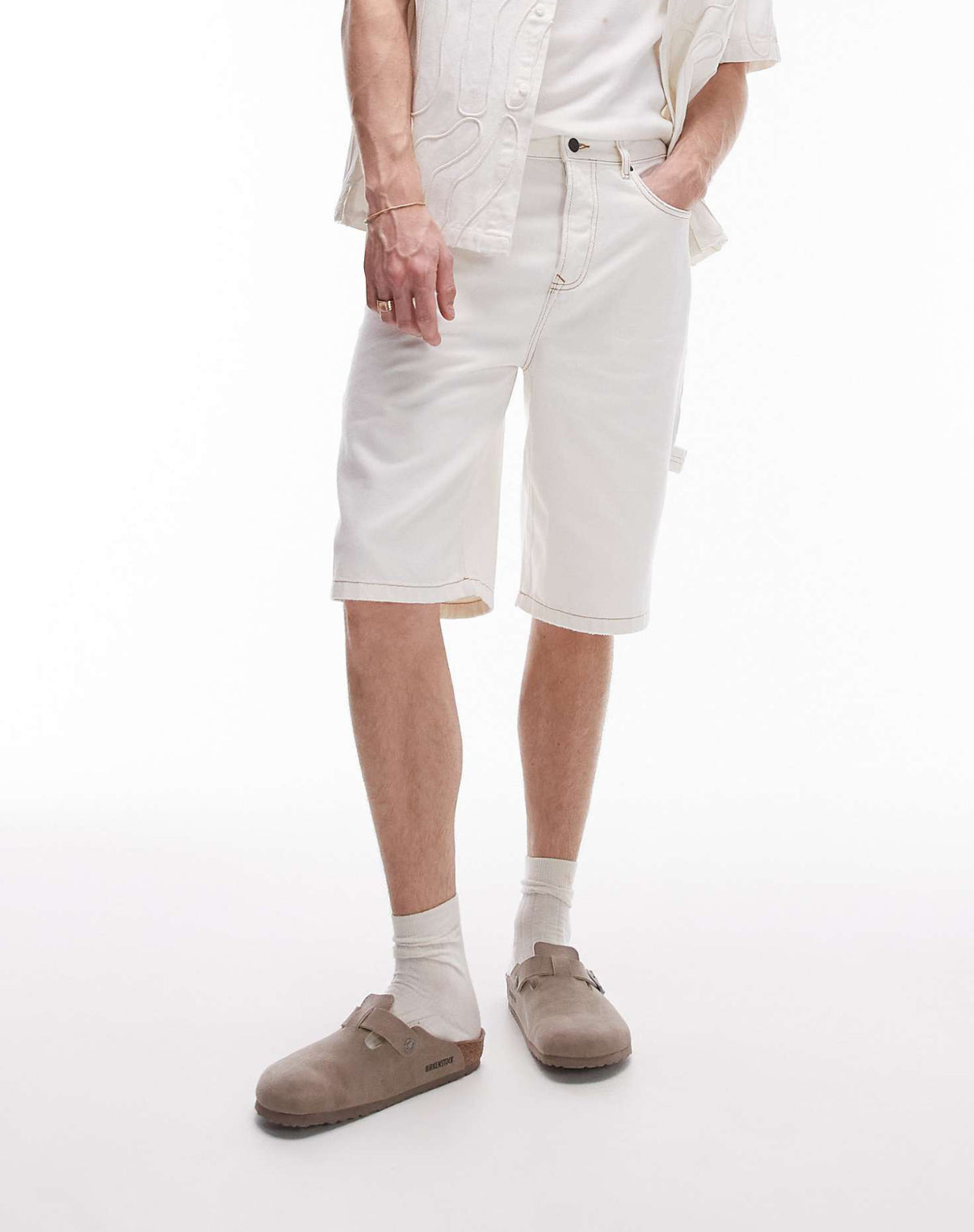 Topman longline carpenter denim short in ecru