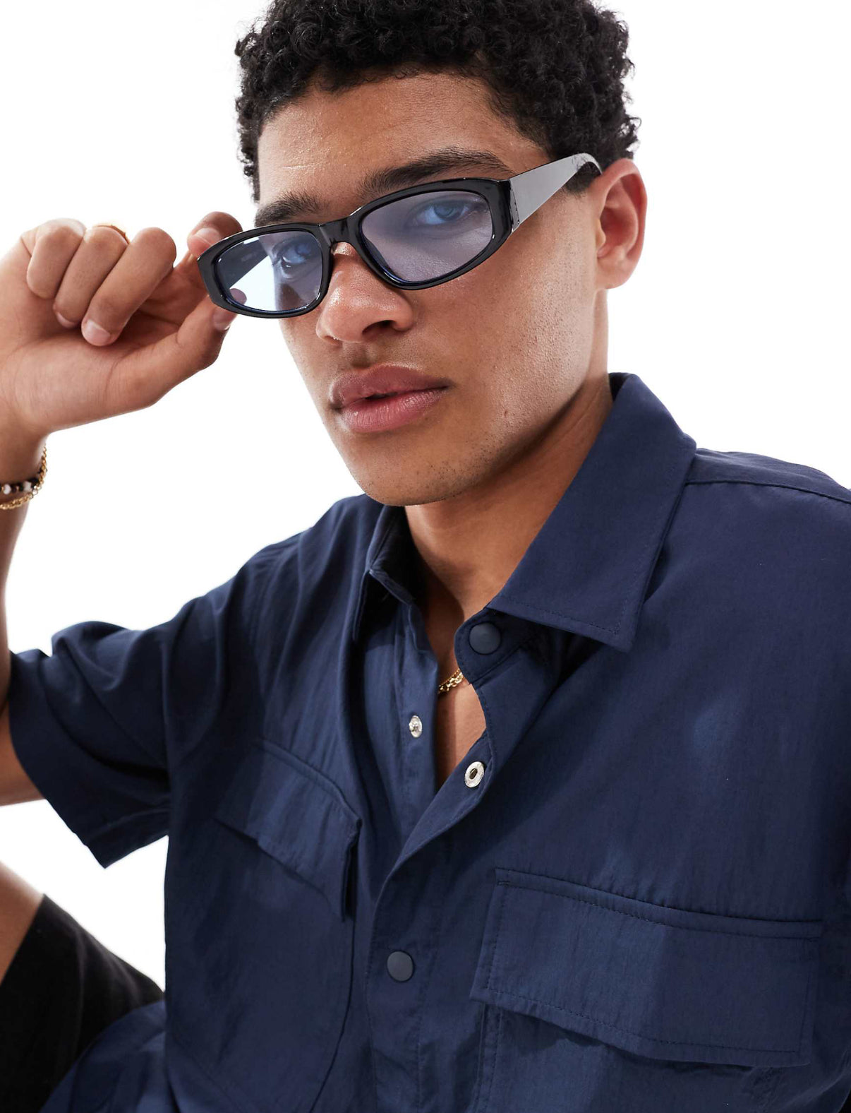 Pull&Bear angular sunglasses with blue lens in black