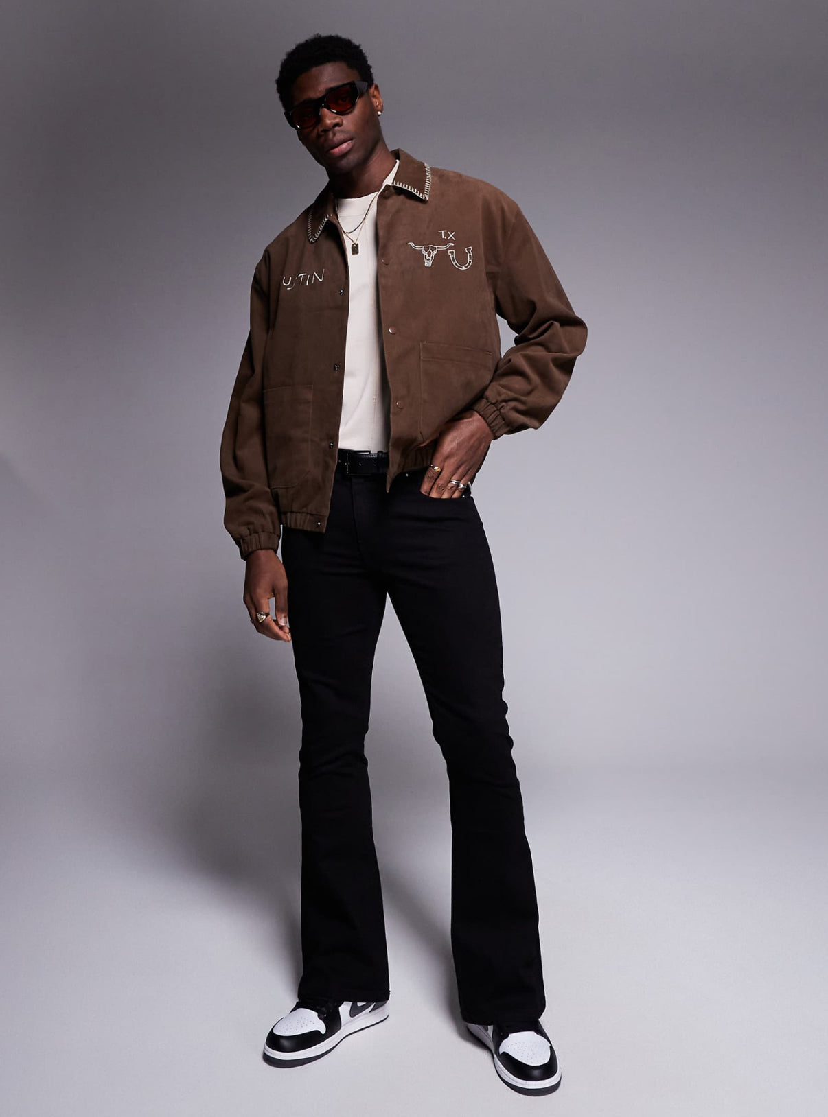 ASOS DESIGN oversized embroidered harrington jacket in brown