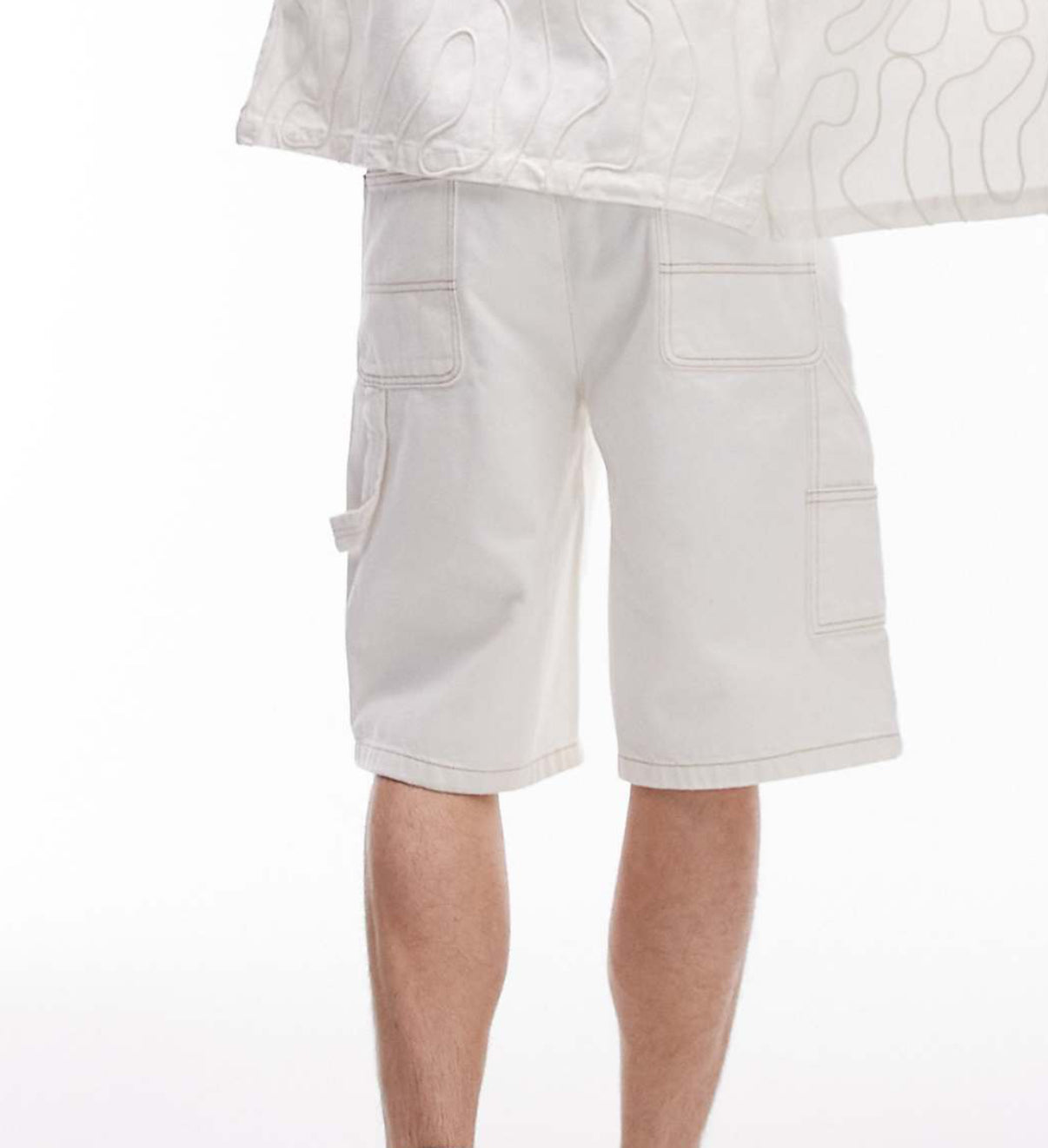 Topman longline carpenter denim short in ecru