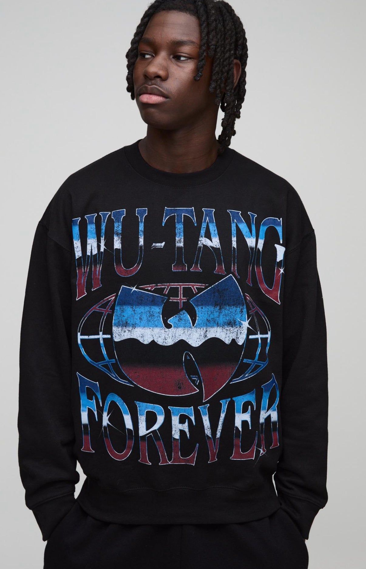 BoohooMAN OVERSIZED WU-TANG CLANG BAND LICENSE PRINT SWEATSHIRT