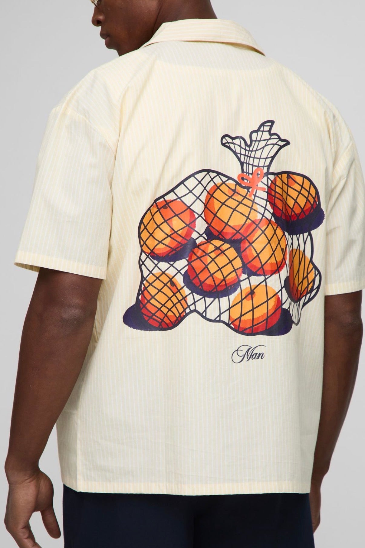 BoohooMAN Oversized Revere Fruit Print Stripe Shirt
