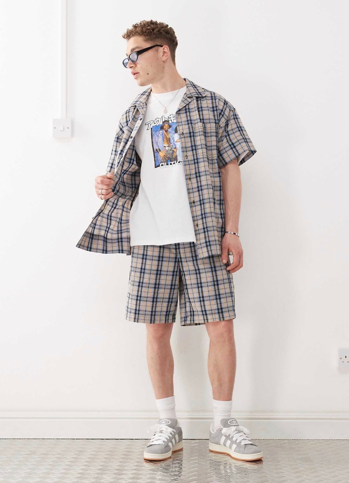 COLLUSION check short sleeve shirt in orange and blue check