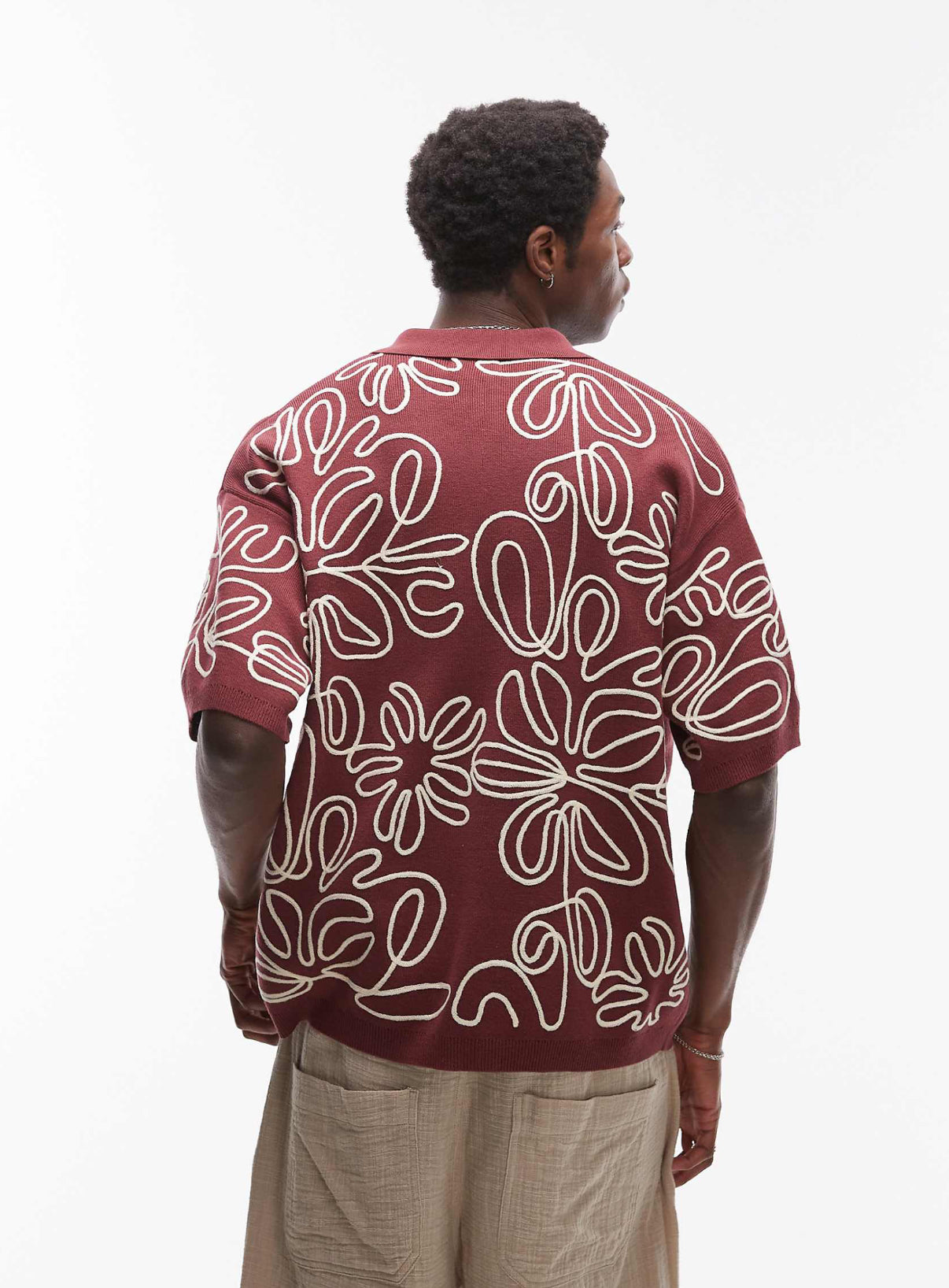 Topman relaxed heavy embroidered floral shirt in burgundy and ecru