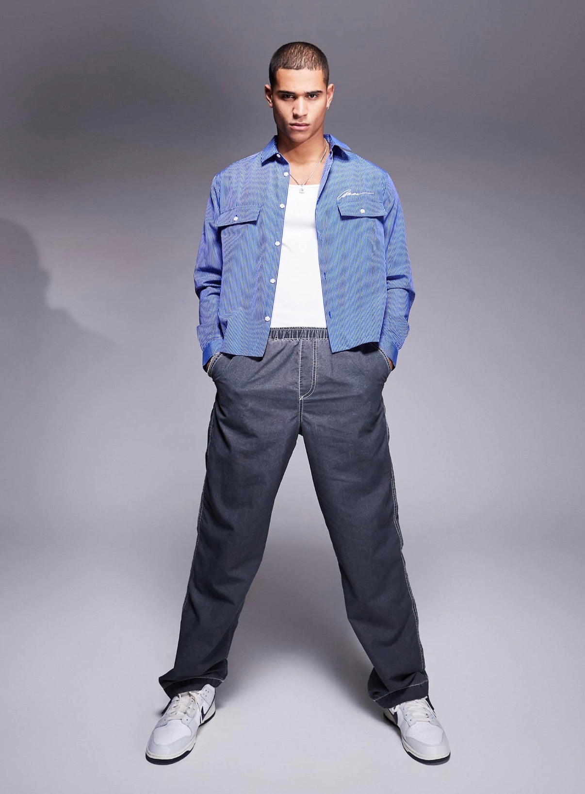 ASOS DESIGN boxy relaxed stripe shirt with chest embroidery in blue