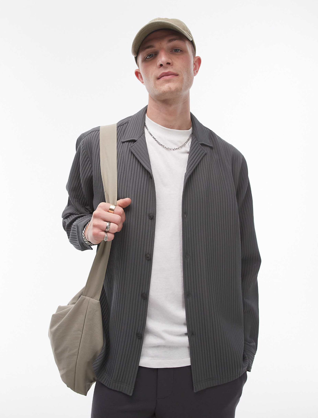 Topman long sleeve regular fit revere plisse shirt in charcoal