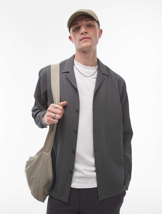 Topman long sleeve regular fit revere plisse shirt in charcoal