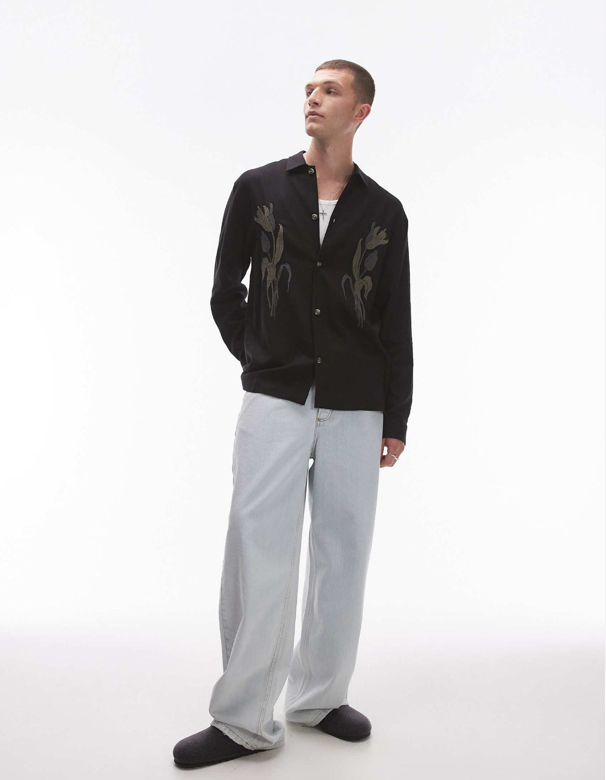 Topman long sleeve embroidered front shirt in black