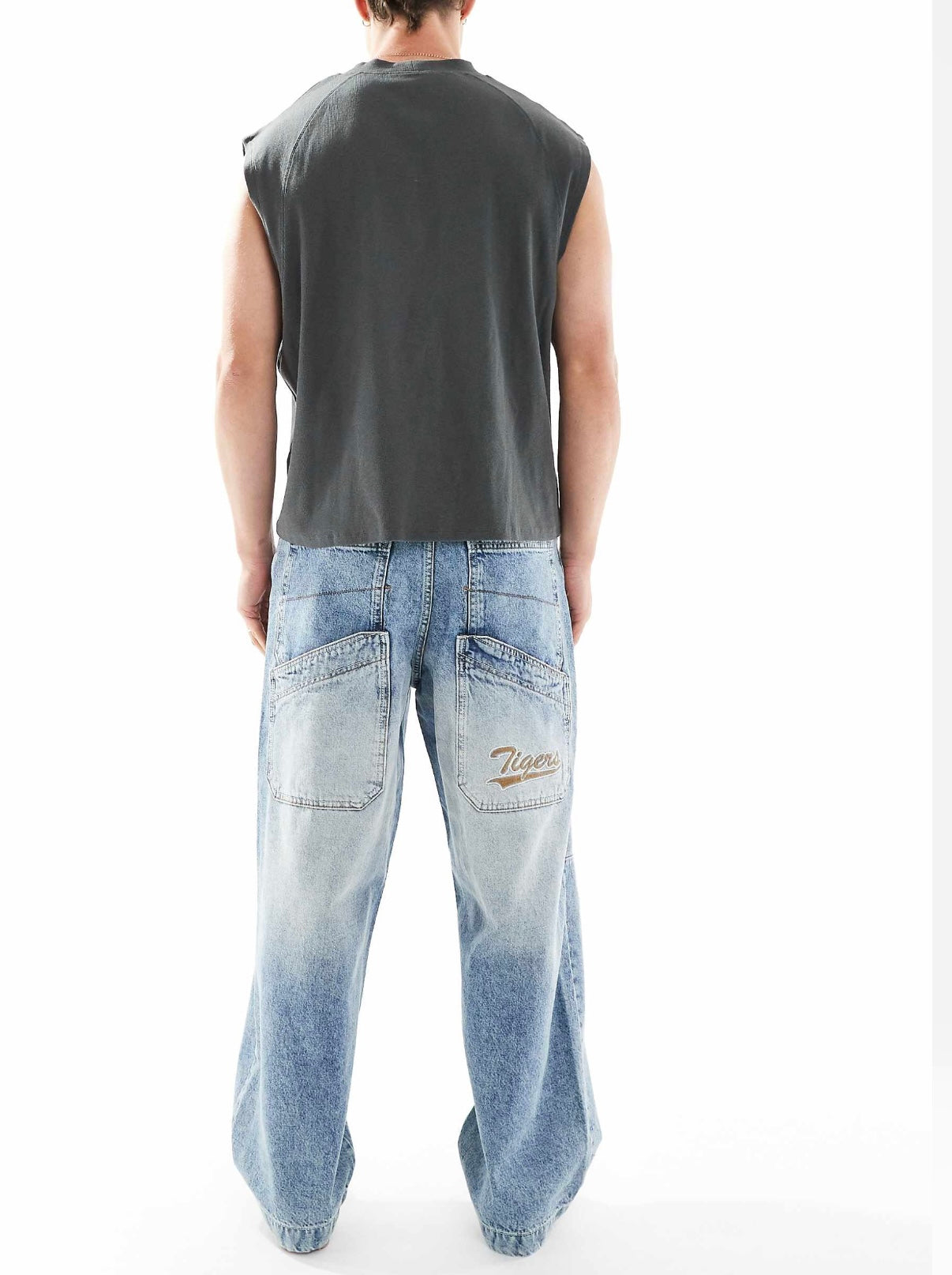 Bershka super baggy jean with back emboridery in blue