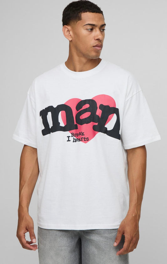 BoohooMAN White Oversized Puff Print Heart T-Shirt
