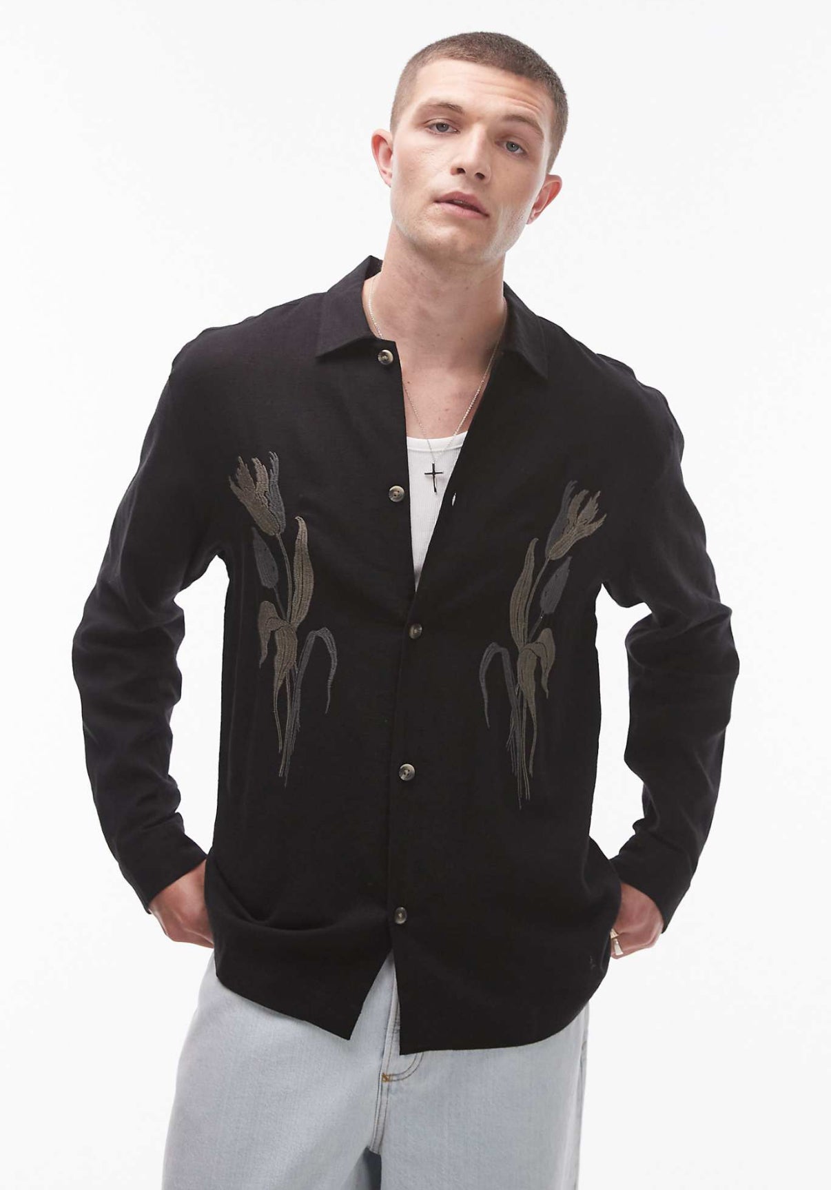 Topman long sleeve embroidered front shirt in black