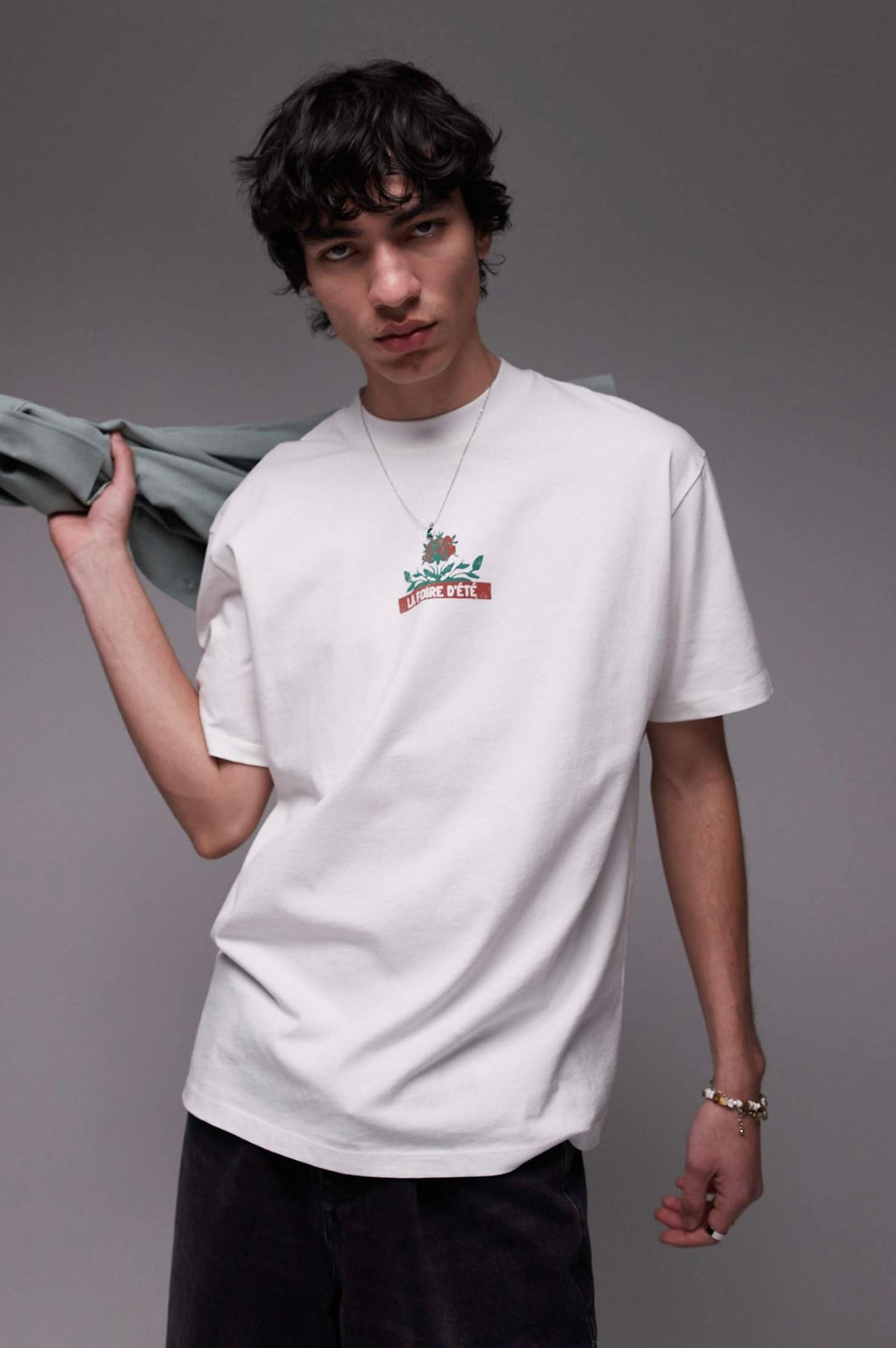 Topman t-shirt with front and back roses print in ecru