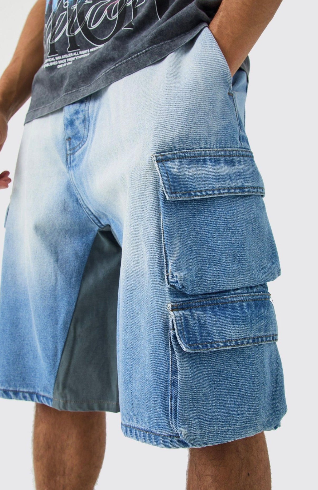 BoohooMAN Multi Pocket Gusset Detail Denim Parachute Shorts
