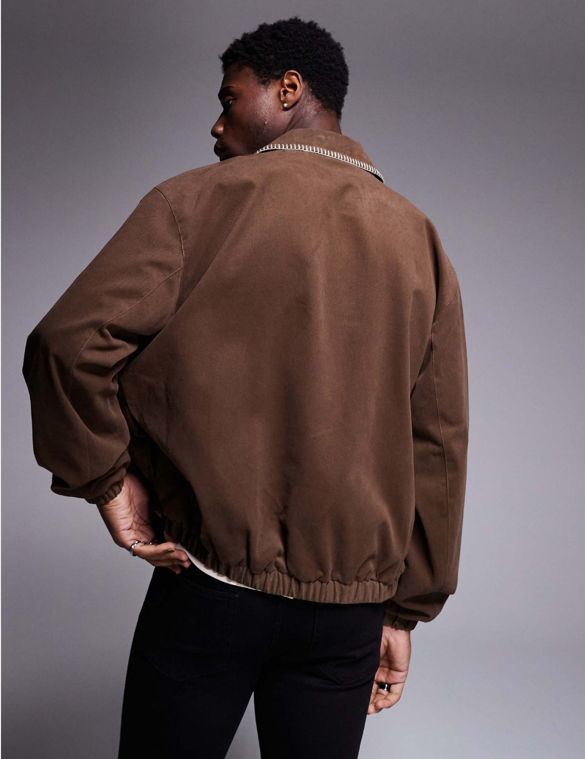 ASOS DESIGN oversized embroidered harrington jacket in brown