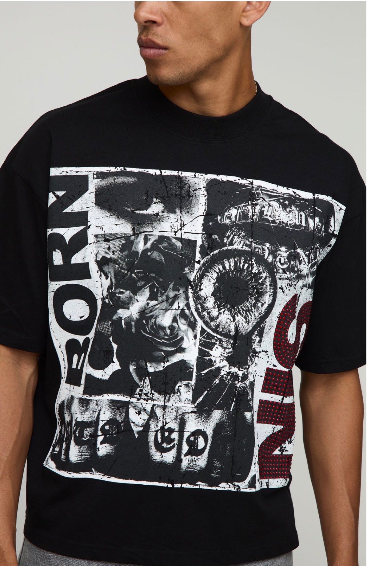 BoohooMAN Black Oversized Boxy Rhinestone Grunge T-Shirt