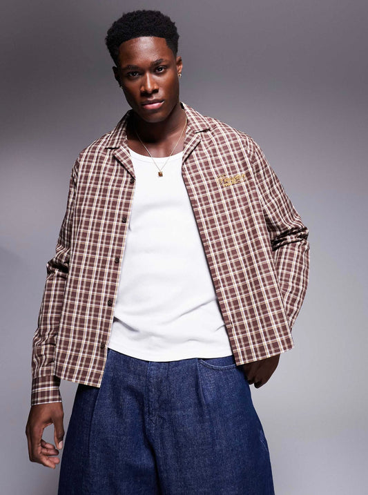 ASOS DESIGN boxy relaxed revere shirt in brown check with chest embroidery