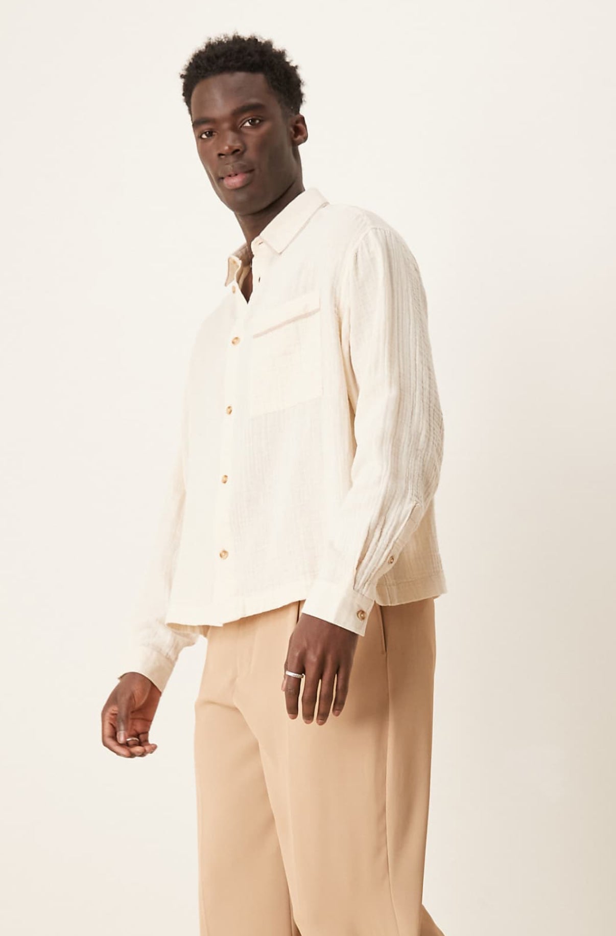 ASOS DESIGN boxy textured regular shirt with piping detail in beige