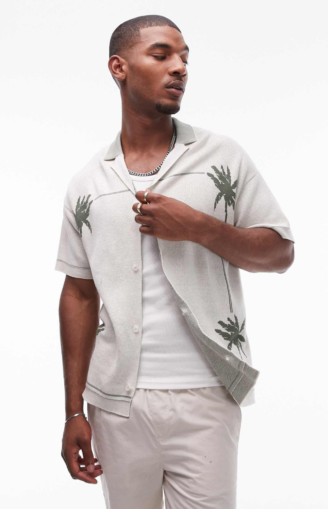 Topman knitted revere polo with palm embroidery in white