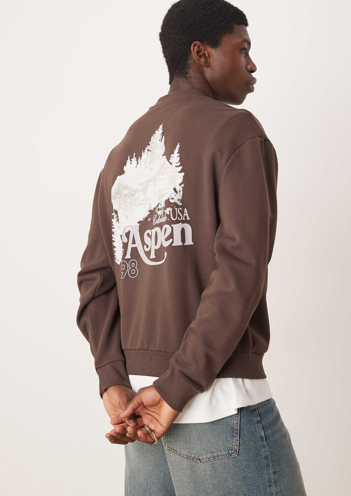 ASOS DESIGN boxy sweatshirt with scenic print in brown