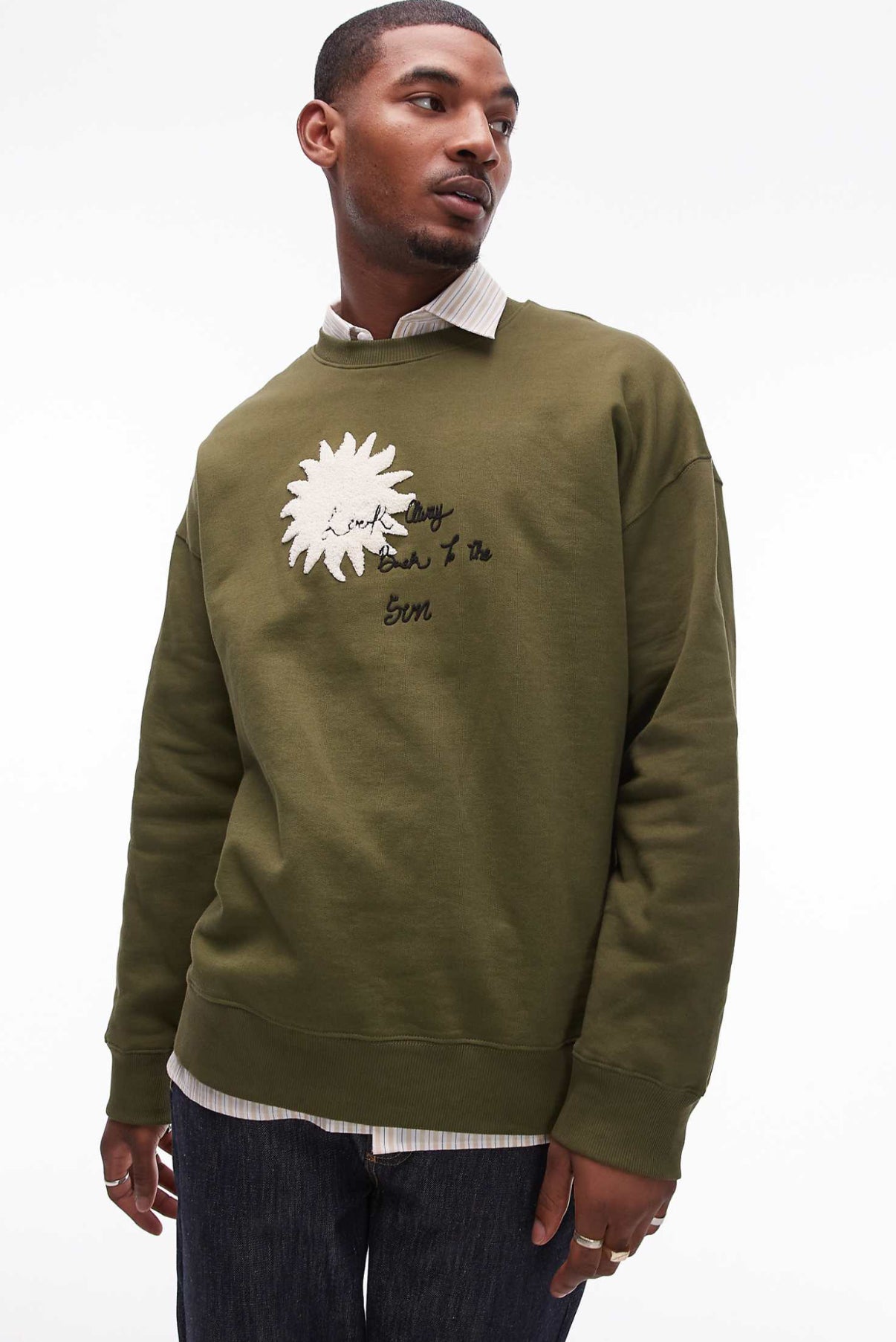 Topman oversized fit sweatshirt with front and back sun and words chenille embroidery in khaki