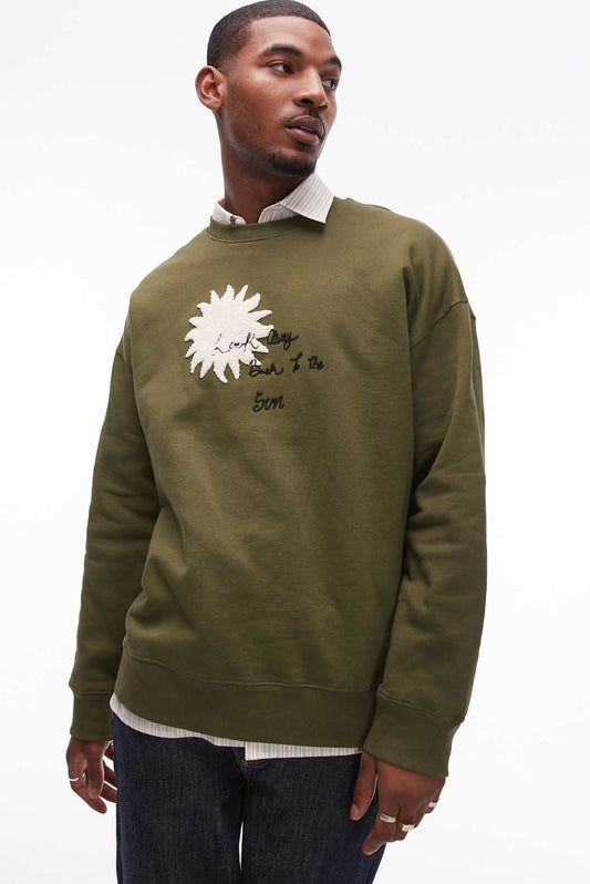 Topman oversized fit sweatshirt with front and back sun and words chenille embroidery in khaki
