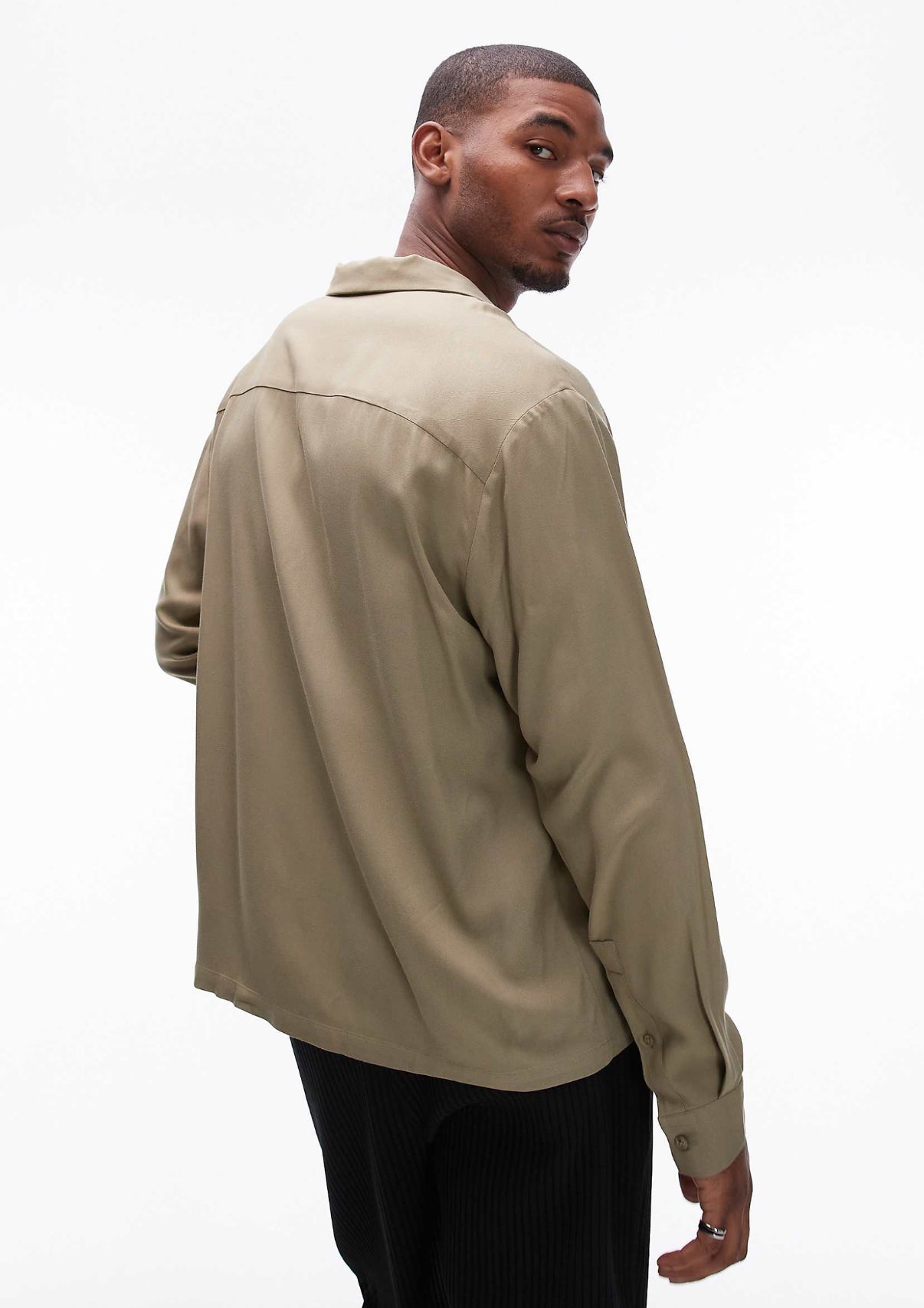 Topman long sleeve viscose shirt in khaki