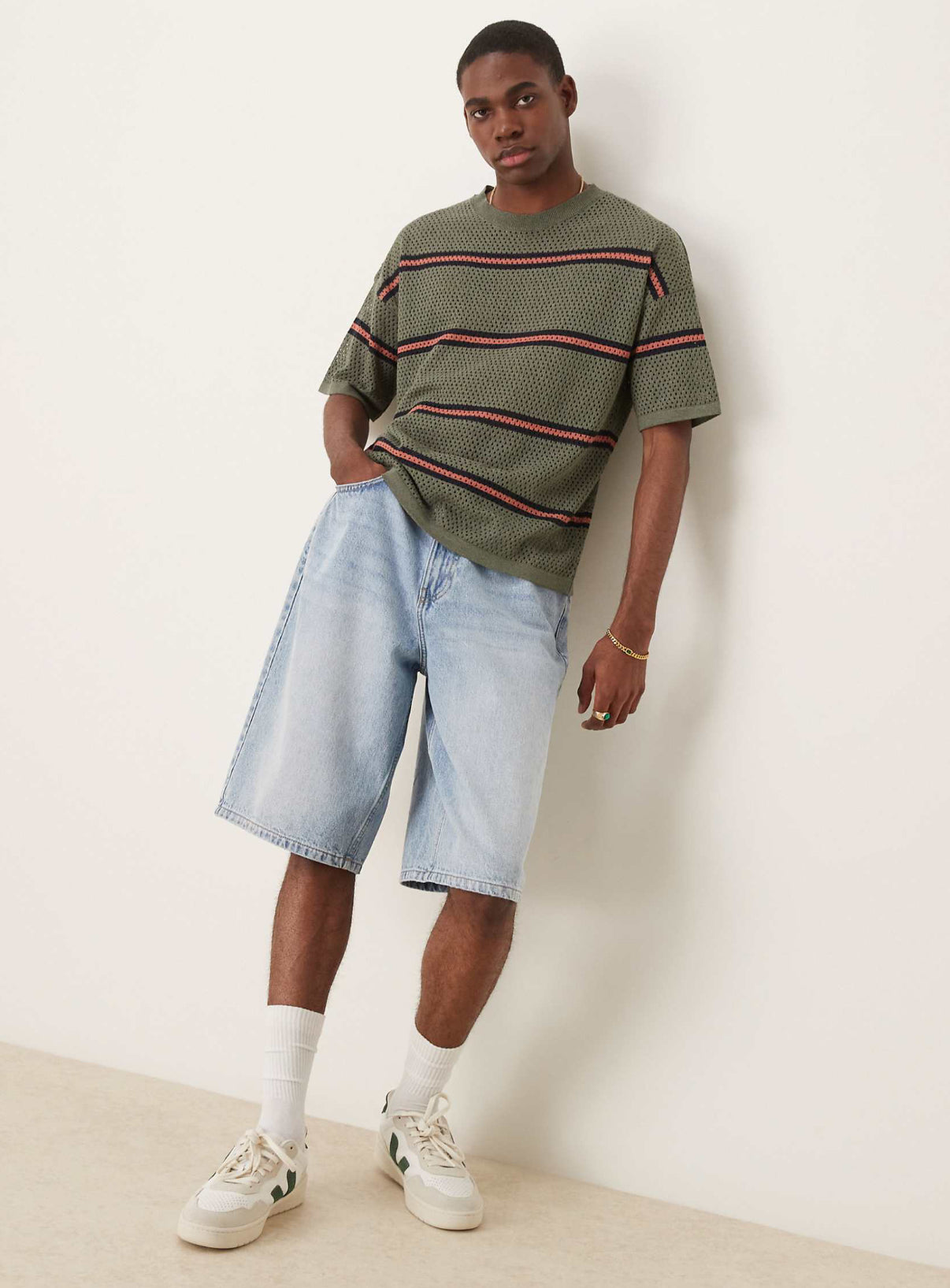 ASOS DESIGN relaxed open knitted stripe t-shirt in green