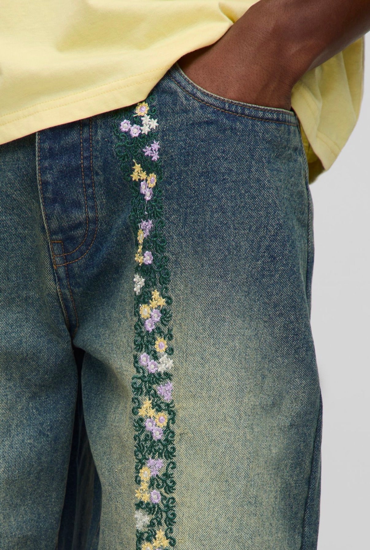 BoohooMAN Relaxed Floral Embroidery Denim Jeans With Let Down Hem